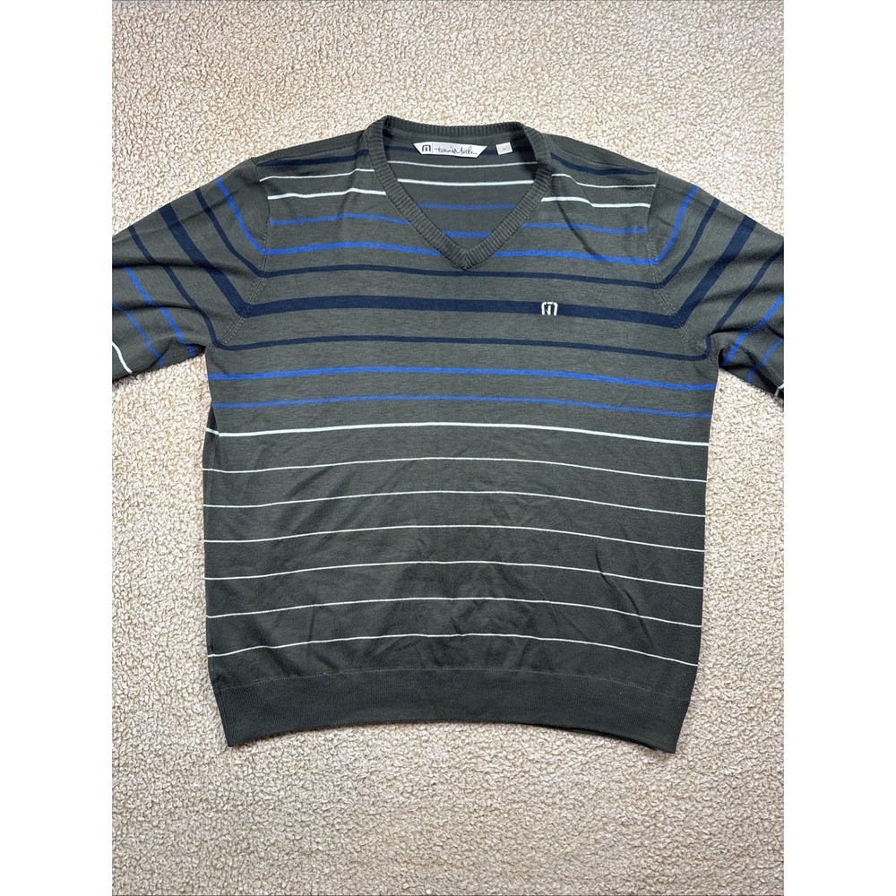 Travis Mathew Sweater Mens XL Gray Pullover V-Neck Stretch L/S Stripe Golf